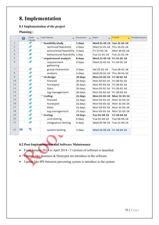 75 | P a g e
8. Implementation
8.1 Implementation of the project
Planning :
8.2 Post-Implementation and Software Maintenance
 From January 2014 to April 2014 - 5 versions of software is launched.
 Updates like Scanners & Honeypot are introduce in the software.
 Update like IPS Intrusion preventing system is introduce in the system.
 