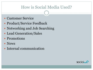 How is Social Media Used?
 Customer Service
 Product/Service Feedback
 Networking and Job Searching
 Lead Generation/Sales
 Promotions
 News
 Internal communication
 