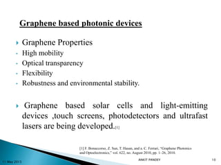  Graphene Properties
• High mobility
• Optical transparency
• Flexibility
• Robustness and environmental stability.
 Graphene based solar cells and light-emitting
devices ,touch screens, photodetectors and ultrafast
lasers are being developed.[1]
11 May 2015
10
[1] F. Bonaccorso, Z. Sun, T. Hasan, and a. C. Ferrari, “Graphene Photonics
and Optoelectronics,” vol. 622, no. August 2010, pp. 1–26, 2010.
Graphene based photonic devices
ANKIT PANDEY
 