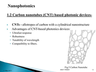 1.2 Carbon nanotubes (CNT) based photonic devices-
 CNTs - allotropes of carbon with a cylindrical nanostructure
 Advantages of CNT-based photonics devices:
• Ultrafast response
• Robustness
• Tunability of wavelength
• Compatibility to fibers.
Fig.5 Carbon Nanotube
11 May 2015
12
Nanophotonics
ANKIT PANDEY
 