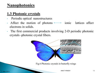 1.3 Photonic crystals
• Periodic optical nanostructures
• Affect the motion of photons ionic lattices affect
electrons in solids.
• The first commercial products involving 2-D periodic photonic
crystals -photonic crystal fibers.
Fig.6 Photonic crystals in butterfly wings
11 May 2015
13
Nanophotonics
ANKIT PANDEY
 