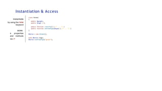 Instantiation & Access
instantiate
by using the new
keyword
acces
s properties
and methods
via ->
class Animal
{
public $weight;
public $legs = 4;
public function classify() { /* ... */ }
public function setFoodType($type) { /* ... */ }
}
$horse = new Animal();
echo $horse->legs;
$horse->setFoodType("grain");
 