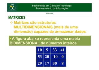 Bacharelado em Ciência e Tecnologia
Processamento da Informação
Matrizes
MATRIZES
² Matrizes são estruturas
MULTIDIMENSIONAIS (mais de uma
dimensão) capazes de armazenar dados
• A figura abaixo representa uma matriz
BIDIMENSIONAL de números inteiros
10 5 33 41
53 20 -10 0
29 17 30 8
 