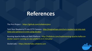 References
The Pico Project - https://github.com/collabnix/pico
Turn Your Raspberry Pi into CCTV Camera - http://engineitops.com/turn-raspberry-pi-into-real-
time-cctv-camera-in-5-min-using-docker/
Running Apache Kafka on AWS Platform - http://collabnix.com/implementing-apache-kafka-on-
docker-swarm-running-on-aws-platform-in-5-minutes/
DockerLabs – https://dockerlabs.collabnix.com
 