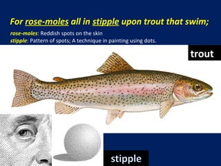 For rose-moles all in stipple upon trout that swim;
rose-moles: Reddish spots on the skin
stipple: Pattern of spots; A technique in painting using dots.

trout

 