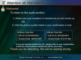 Attention all Attendees… ,[object Object],[object Object],[object Object],[object Object],[object Object],[object Object],[object Object],[object Object],[object Object],[object Object],[object Object],* If you are located outside the U.S., please refer to your confirmation    e-mail for a list of phone numbers to call for your area. 