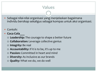 Values

 Sebagai nilai-nilai organisasi yang menjelaskan bagaimana
  individu bersikap sekaligus sebagai kompas untuk aksi organisasi.

 Contoh:
 Coca Cola___
     Leadership: The courage to shape a better future
     Collaboration: Leverage collective genius
     Integrity: Be real
     Accountability: If it is to be, it's up to me
     Passion: Committed in heart and mind
     Diversity: As inclusive as our brands
     Quality: What we do, we do well
 