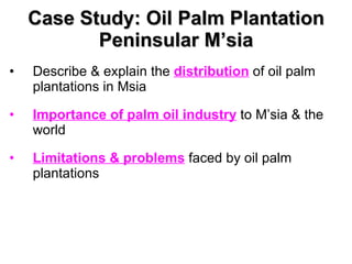 Case Study: Oil Palm Plantation Peninsular M’sia Describe & explain the  distribution  of oil palm plantations in Msia Importance of palm oil industry  to M’sia & the world Limitations & problems  faced by oil palm plantations 