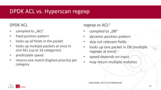 DPDK ACL vs. Hyperscan regexp
DPDK ACL
• compiled to „ACL”
• fixed position pattern
• looks up all fields in the packet
• looks up multiple packets at once in
one ACL (up to 16 categories)
• predictable speed
• returns one match (highest priority) per
category
regexp as ACL1
• compiled to „DB”
• dynamic position pattern
• skip not relevant fields
• looks up one packet in DB (multiple
regexps at once)
• speed depends on input
• may return multiple matches
26
1 speculation, v4.5 is not released yet
 