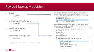 Payload lookup – position
• fixed
– e.g. NTP
• network protocol aware
– e.g. DNS
• application aware
– e.g. HTTP
• anywhere in the packet
– bad idea
$ strings /usr/bin/* | grep -c sex
93
8
 