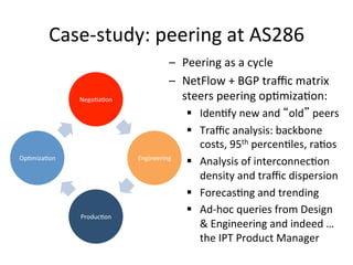 Case-­‐study:	
  peering	
  at	
  AS286	
  
Nego>a>on	
  
Engineering	
  
Produc>on	
  
Op>miza>on	
  
–  Peering	
  as	
  a	
  cycle	
  
–  NetFlow	
  +	
  BGP	
  traﬃc	
  matrix	
  
steers	
  peering	
  op>miza>on:	
  
§  Iden>fy	
  new	
  and	
  “old”	
  peers	
  
§  Traﬃc	
  analysis:	
  backbone	
  
costs,	
  95th	
  percen>les,	
  ra>os	
  
§  Analysis	
  of	
  interconnec>on	
  
density	
  and	
  traﬃc	
  dispersion	
  
§  Forecas>ng	
  and	
  trending	
  
§  Ad-­‐hoc	
  queries	
  from	
  Design	
  
&	
  Engineering	
  and	
  indeed	
  …	
  
the	
  IPT	
  Product	
  Manager	
  
 