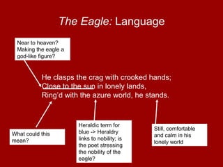 F
The Eagle: Language
He clasps the crag with crooked hands;
Close to the sun in lonely lands,
Ring’d with the azure world, he stands.
What could this
mean?
Near to heaven?
Making the eagle a
god-like figure?
Heraldic term for
blue -> Heraldry
links to nobility; is
the poet stressing
the nobility of the
eagle?
Still, comfortable
and calm in his
lonely world
 