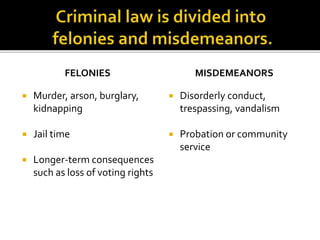 FELONIES 
 Murder, arson, burglary, 
kidnapping 
 Jail time 
 Longer-term consequences 
such as loss of voting rights 
MISDEMEANORS 
 Disorderly conduct, 
trespassing, vandalism 
 Probation or community 
service 
 