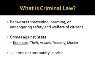  Behaviors threatening, harming, or 
endangering safety and welfare of citizens 
 Crimes against State 
 Examples: Theft, Assault, Robbery, Murder 
 Jail time or community service 
 