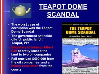  Several of Harding’s appointee’s were caught illegally selling government supplies to private companiesTEAPOT DOME SCANDALThe worst case of corruption was the Teapot Dome ScandalThe government set aside oil-rich public land in Teapot, WYSecretary of Interior Albert Fall secretly leased the land to two oil companiesFall received $400,000 from the oil companies  and a felony conviction from the courts