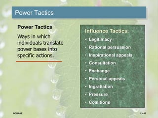 Power Tactics
Influence Tactics:
• Legitimacy
• Rational persuasion
• Inspirational appeals
• Consultation
• Exchange
• Personal appeals
• Ingratiation
• Pressure
• Coalitions
Power Tactics
Ways in which
individuals translate
power bases into
specific actions.
13–15NCBA&E
 