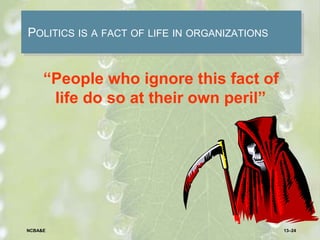 POLITICS IS A FACT OF LIFE IN ORGANIZATIONS
“People who ignore this fact of
life do so at their own peril”
13–24NCBA&E
 