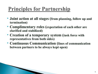  Joint action at all stages (from planning, follow up and
termination)
 Complimentary roles (expectation of each other are
clarified and stabilized)
 Creation of a temporary system (task force with
representatives from both sides)
 Continuous Communication (lines of communication
between partners to be always kept open)
5
 