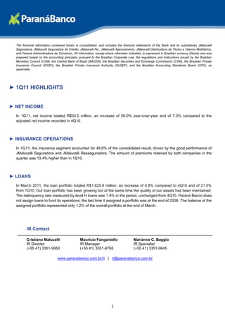 The financial information contained herein is consolidated, and includes the financial statements of the Bank and its subsidiaries JMalucelli
  Seguradora, JMalucelli Seguradora de Crédito, JMalucelli Re., JMalucelli Agenciamento, JMalucelli Distribuidora de Títulos e Valores Mobiliários,
  and Paraná Administradora de Consórcio. All information, except where otherwise indicated, is expressed in Brazilian currency (Reais) and was
  prepared based on the accounting principles pursuant to the Brazilian Corporate Law, the regulations and instructions issued by the Brazilian
  Monetary Council (CVM), the Central Bank of Brazil (BACEN), the Brazilian Securities and Exchange Commission (CVM), the Brazilian Private
  Insurance Council (CNSP), the Brazilian Private Insurance Authority (SUSEP), and the Brazilian Accounting Standards Board (CPC), as
  applicable.




► 1Q11 HIGHLIGHTS


► NET INCOME
  In 1Q11, net income totaled R$33.5 million, an increase of 50.0% year-over-year and of 7.3% compared to the
  adjusted net income recorded in 4Q10.



► INSURANCE OPERATIONS
  In 1Q11, the insurance segment accounted for 48.8% of the consolidated result, driven by the good performance of
  JMalucelli Seguradora and JMalucelli Resseguradora. The amount of premiums retained by both companies in the
  quarter was 13.4% higher than in 1Q10.



► LOANS
  In March 2011, the loan portfolio totaled R$1,625.9 million, an increase of 4.8% compared to 4Q10 and of 21.5%
  from 1Q10. Our loan portfolio has been growing but at the same time the quality of our assets has been maintained.
  The delinquency rate measured by level H loans was 1.9% in the period, unchanged from 4Q10. Paraná Banco does
  not assign loans to fund its operations; the last time it assigned a portfolio was at the end of 2008. The balance of the
  assigned portfolio represented only 1.2% of the overall portfolio at the end of March.




         IR Contact

         Cristiano Malucelli                     Mauricio Fanganiello                    Marianne C. Baggio
         IR Director                             IR Manager                              IR Specialist
         (+55 41) 3351-9950                      (+55 41) 3351-9765                      (+55 41) 3351-9645

                                www.paranabanco.com.br/ri | ri@paranabanco.com.br




                                                                        1
 