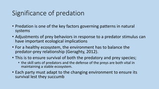 Significance of predation
• Predation is one of the key factors governing patterns in natural
systems
• Adjustments of prey behaviors in response to a predator stimulus can
have important ecological implications
• For a healthy ecosystem, the environment has to balance the
predator-prey relationship (Geraghty, 2012).
• This is to ensure survival of both the predatory and prey species;
• the skill sets of predators and the defense of the preys are both vital in
maintaining a stable ecosystem.
• Each party must adapt to the changing environment to ensure its
survival lest they succumb
 