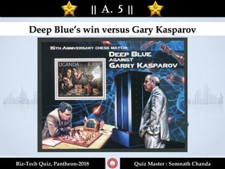 || A. 5 |||| A. 5 ||
Biz-Tech Quiz, Pantheon-2018Biz-Tech Quiz, Pantheon-2018 Quiz Master : Somnath ChandaQuiz Master : Somnath Chanda
Deep Blue’s win versus Gary KasparovDeep Blue’s win versus Gary Kasparov
 