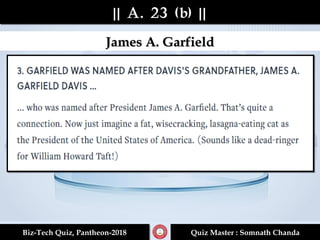 || A. 23 (b) |||| A. 23 (b) ||
Biz-Tech Quiz, Pantheon-2018Biz-Tech Quiz, Pantheon-2018 Quiz Master : Somnath ChandaQuiz Master : Somnath Chanda
James A. GarfieldJames A. Garfield
 