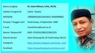 Nama Lengkap Dr. Iman Hilman, S.Pd., M.Pd.
Jabatan Fungsional Lektor Kepala
NIP/NIDN 1980090420015041001/ 0404098002
Tempat / Tanggal Lahir Tasikmalaya, 4 September 1980
E-mail imanhilman@unsil.ac.id
Nomor Telepon/HP 0265-7292932/085223062335
Alamat Kantor Jalan Siliwangi No 24 Tasikmalaya 46115
Instagram https://www.instagram.com/iman_unsil
Facebook https://www.facebook.com/iman.unsil
 