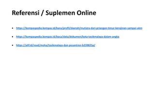 Referensi / Suplemen Online
• https://kompaspedia.kompas.id/baca/profil/daerah/mutiara-dari-priangan-timur-kerajinan-sampai-ukm
• https://kompaspedia.kompas.id/baca/data/dokumen/kota-tasikmalaya-dalam-angka
• https://alif.id/read/moha/tasikmalaya-dan-pesantren-b239825p/
 