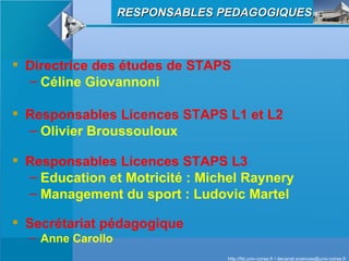 Directrice des études de STAPS Céline Giovannoni Responsables Licences STAPS L1 et L2 Olivier Broussouloux Responsables Licences STAPS L3 Education et Motricité : Michel Raynery Management du sport : Ludovic Martel  Secrétariat pédagogique   Anne Carollo  RESPONSABLES PEDAGOGIQUES 