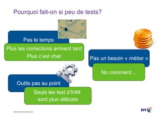 Pourquoi fait-on si peu de tests? Seuls les test d’IHM  sont plus délicats Plus les corrections arrivent tard Plus c’est cher No comment… Pas le temps Pas un besoin « métier » Outils pas au point 