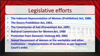 Legislative efforts
•
•
•
•
•
•

The Indecent Representation of Women (Prohibition) Act, 1886.
The Dowry Prohibition Act, 1961.
The Commission of Sati (Prevention) Act, 1987.
National Commission for Women Act, 1990
Protection from Domestic Violence Bill, 2002
Sexual Harassment of women at the workplace and other
Institutions – Implementation of Guidelines as per Supreme
Court’s order.

 