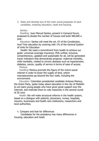 3. State and develop two of the main social proposals of each
     candidate, meaning education, healt and housing

       Santos:
       Dwelling: Juan Manuel Santos, present in Camacol forum,
   proposed to double the number of houses and build 300,000 a
   year.
       Education: Santos will meet the art. 67 of the Constitution,
   how? free education by covering with 1% of the General System
   of Units for Education.
       Health: We need a commitment from health to achieve our
   goals: universal coverage insurance; POS unified, inclusive,
   comprehensive, updated and sustainable for all, will be generated
   tracer indicators that demonstrate progress: maternal mortality,
   child morbidity, related to chronic diseases such as hypertension,
   diabetes, cancer, quality of service in terms of ease of access.
      Mockus:
      Dwelling: Mockus promote the figure of the macro-social
   interest in order to lower the supply of land, where
   macroporyectos go beyond the four walls, including the
   environment.
      Education: Colombian presidential candidate Antanas Mockus,
the Green Party, spoke today about education in the city of Medellin
to win back young people who have given great support over the
Internet, and motivate them to vote massively in the second round
of 20 June
      Health: We will make structural reforms in the health system,
based on a dialogue with patients, physicians, nurses, hospitals,
insurers, businesses and health care institutions, researchers and
local authorities,


  4. Compare and look for differences
      Candidates for the presidency has many differences in
housing, education and heath
 