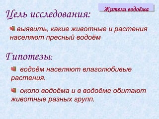 Жители водоёма
Цель исследования:
   выявить, какие животные и растения
 населяют пресный водоём

Гипотезы:
   водоём населяют влаголюбивые
 растения.
   около водоёма и в водоёме обитают
 животные разных групп.