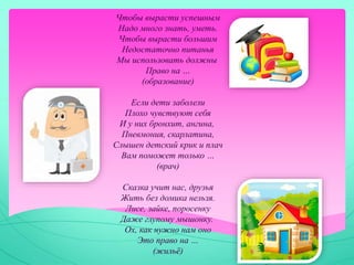 Чтобы вырасти успешным
Надо много знать, уметь.
Чтобы вырасти большим
Недостаточно питанья
Мы использовать должны
Право на …
(образование)
Если дети заболели
Плохо чувствуют себя
И у них бронхит, ангина,
Пневмония, скарлатина,
Слышен детский крик и плач
Вам поможет только …
(врач)
Сказка учит нас, друзья
Жить без домика нельзя.
Лисе, зайке, поросенку
Даже глупому мышонку.
Ох, как нужно нам оно
Это право на …
(жильё)
 