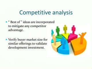 Competitive analysis
 “ Best of ” ideas are incorporated
to mitigate any competitor
advantage.
 Verify buyer market size for
similar offerings to validate
development investment.
 