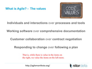 What is Agile? - The values 
Individuals and interactions over processes and tools 
Working software over comprehensive documentation 
Customer collaboration over contract negotiation 
Responding to change over following a plan 
That is, while there is value in the items on 
the right, we value the items on the left more. 
http://agilemanifesto.org/ 
 