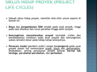  Sebuah siklus hidup proyek, memiliki sifat-sifat umum seperti di
bawah ini:
 Biaya dan pengalokasian SDM rendah pada awal proyek, tinggi
pada saat eksekusi dan turun perlahan hingga akhir proyek.
 Kemungkinan menyelesaikan proyek terendah (risiko dan
ketidakpastian terbesar) pada awal proyek dan kemungkinan
sukses semakin besar pada tahap-tahap selanjutnya.
 Penanam modal (pemberi order) sangat berpengaruh pada awal
proyek dalam hal menentukan scope, biaya dan deliverables.
Disebabkan: seiring perjalanan proyek banyak hal-hal tak
terduga, perubahan-perubahan, dan perbaikan.
 