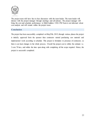 23
The project team will have face to face discussion with the team leader. The team leader will
interact with the project manager through meetings and cell phones. The project manager will
bring the cost and schedule performance to M&S builders CEO. PM Team is not informed about
cost analysis and will remain within the project team.
Conclusion
The project has been successfully completed on May25th, 2015, through various phases the project
is initially approved form the sponsor then contractor started purchasing raw material and
implemented work according to schedule. This project is formulate in presence of contractor, so
there is are least changes in the whole process. Overall the project cost is within the estimate i.e.
2 core 78 lacs, and within the time span along with completing all the scope required. Hence, the
project is successful completed.
 