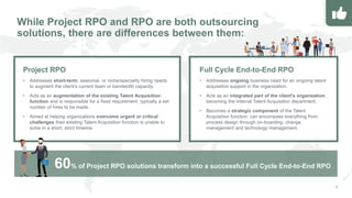 While Project RPO and RPO are both outsourcing
solutions, there are differences between them:
Project RPO
• Addresses short-term, seasonal, or niche/speciality hiring needs
to augment the client’s current team or bandwidth capacity.
• Acts as an augmentation of the existing Talent Acquisition
function and is responsible for a fixed requirement, typically a set
number of hires to be made.
• Aimed at helping organizations overcome urgent or critical
challenges their existing Talent Acquisition function is unable to
solve in a short, strict timeline.
60% of Project RPO solutions transform into a successful Full Cycle End-to-End RPO
Full Cycle End-to-End RPO
• Addresses ongoing business need for an ongoing talent
acquisition support in the organization.
• Acts as an integrated part of the client's organization,
becoming the internal Talent Acquisition department.
• Becomes a strategic component of the Talent
Acquisition function: can encompass everything from
process design through on-boarding, change
management and technology management.
 