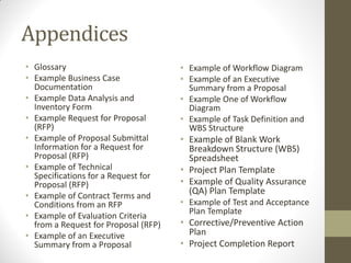 Appendices
• Glossary                            • Example of Workflow Diagram
• Example Business Case               • Example of an Executive
  Documentation                         Summary from a Proposal
• Example Data Analysis and           • Example One of Workflow
  Inventory Form                        Diagram
• Example Request for Proposal        • Example of Task Definition and
  (RFP)                                 WBS Structure
• Example of Proposal Submittal       • Example of Blank Work
  Information for a Request for         Breakdown Structure (WBS)
  Proposal (RFP)                        Spreadsheet
• Example of Technical                • Project Plan Template
  Specifications for a Request for
  Proposal (RFP)                      • Example of Quality Assurance
• Example of Contract Terms and
                                        (QA) Plan Template
  Conditions from an RFP              • Example of Test and Acceptance
                                        Plan Template
• Example of Evaluation Criteria
  from a Request for Proposal (RFP)   • Corrective/Preventive Action
• Example of an Executive               Plan
  Summary from a Proposal             • Project Completion Report
 