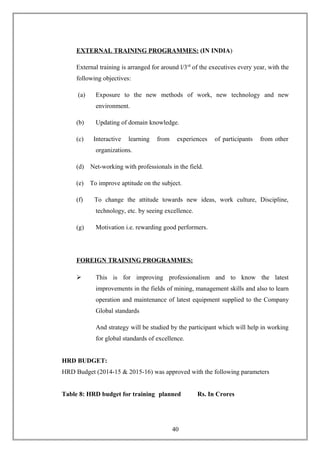 EXTERNAL TRAINING PROGRAMMES: (IN INDIA)
External training is arranged for around l/3rd
of the executives every year, with the
following objectives:
(a) Exposure to the new methods of work, new technology and new
environment.
(b) Updating of domain knowledge.
(c) Interactive learning from experiences of participants from other
organizations.
(d) Net-working with professionals in the field.
(e) To improve aptitude on the subject.
(f) To change the attitude towards new ideas, work culture, Discipline,
technology, etc. by seeing excellence.
(g) Motivation i.e. rewarding good performers.
FOREIGN TRAINING PROGRAMMES:
 This is for improving professionalism and to know the latest
improvements in the fields of mining, management skills and also to learn
operation and maintenance of latest equipment supplied to the Company
Global standards
And strategy will be studied by the participant which will help in working
for global standards of excellence.
HRD BUDGET:
HRD Budget (2014-15 & 2015-16) was approved with the following parameters
Table 8: HRD budget for training planned Rs. In Crores
40
 