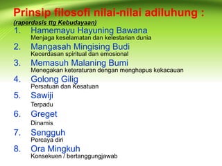 Prinsip filosofi nilai-nilai adiluhung : 
(raperdasis ttg Kebudayaan) 
1. Hamemayu Hayuning Bawana 
Menjaga keselamatan dan kelestarian dunia 
2. Mangasah Mingising Budi 
Kecerdasan spiritual dan emosional 
3. Memasuh Malaning Bumi 
Menegakan keteraturan dengan menghapus kekacauan 
4. Golong Gilig 
Persatuan dan Kesatuan 
5. Sawiji 
Terpadu 
6. Greget 
Dinamis 
7. Sengguh 
Percaya diri 
8. Ora Mingkuh 
Konsekuen / bertanggungjawab 
 