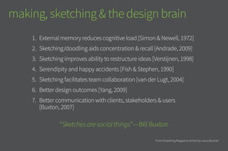 1.	 External memory reduces cognitive load [Simon & Newell, 1972]
2.	 Sketching/doodling aids concentration & recall [Andrade, 2009]
3.	 Sketching improves ability to restructure ideas [Verstijnen, 1998]
4.	 Serendipity and happy accidents [Fish & Stephen, 1990]
5.	 Sketching facilitates team collaboration [van der Lugt, 2004]
6.	 Better design outcomes [Yang, 2009]
7.	 Better communication with clients, stakeholders & users
[Buxton, 2007]
“Sketchesaresocialthings”—Bill Buxton
making, sketching & the design brain
From Smashing Magazine article by Laura Busche
 