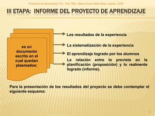 Proyectos de Aprendizaje, P.A. Prof. MSc. Marco Oscar Nieto Mesa. Agosto, 2009.


III ETAPA: INFORME DEL PROYECTO DE APRENDIZAJE


                                         Los resultados de la experiencia


      es un                              La sistematización de la experiencia
   documento
                                         El aprendizaje logrado por los alumnos
   escrito en el
   cual quedan                           La relación entre lo previsto en la
   plasmados:                            planificación (proposición) y lo realmente
                                         logrado (informe).



Para la presentación de los resultados del proyecto se debe contemplar el
siguiente esquema:




                                                                                            13
 