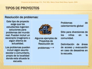 Proyectos de Aprendizaje, P.A. Prof. MSc. Marco Oscar Nieto Mesa. Agosto, 2009.



TIPOS DE PROYECTOS

Resolución de problemas:
 Este tipo de proyecto
                                                                     Problemas            de
      exige que los
 estudiantes ingenien                                                calentamiento global
    soluciones para
problemas del mundo                                                  Sitio para diversiones de
real. Pueden incluir un                                              los    niños     en     la
escenario imaginario o          Algunos ejemplos de                  comunidad.
    algún dilema de                 Proyectos de
       actualidad.                 Resolución de                     Delimitación de áreas
Los problemas pueden                 problemas:→                     de acceso y evacuación
  incluir algún asunto                                               en caso de desastres en
escolar o comunitario,                                               la escuela.
 propio de la localidad
 donde esta situada la
        escuela.

                                                                                                  19
 