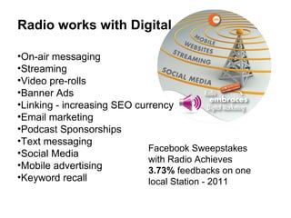 On-air messaging  Streaming Video pre-rolls Banner Ads  Linking - increasing SEO currency  Email marketing Podcast Sponsorships  Text messaging  Social Media Mobile advertising  Keyword recall  Facebook Sweepstakes with Radio Achieves  3.73%  feedbacks on one local Station - 2011  Radio works with Digital   