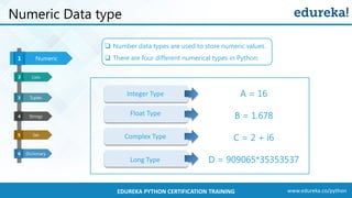 www.edureka.co/pythonEDUREKA PYTHON CERTIFICATION TRAINING
Tuples
Strings
Set
Dictionary
Numeric1
3
4
5
6
Lists32
Numeric Data type
 Number data types are used to store numeric values.
 There are four different numerical types in Python:
A = 16
B = 1.678
C = 2 + i6
D = 909065*35353537
Integer Type
Float Type
Complex Type
Long Type
 