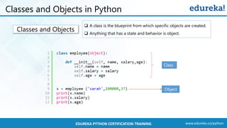 www.edureka.co/pythonEDUREKA PYTHON CERTIFICATION TRAINING
Classes and Objects in Python
Classes and Objects
 A class is the blueprint from which specific objects are created.
 Anything that has a state and behavior is object.
Class
Object
 