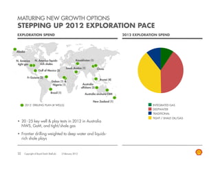 MATURING NEW GROWTH OPTIONS
STEPPING UP 2012 EXPLORATION PACE
EXPLORATION SPEND                                                                             2012 EXPLORATION SPEND




Alaska


N. America       N. America liquids-                        Kazakhstan (1)
 tight gas           rich shales
                                                  Saudi Arabia (1)              China
                     Gulf of Mexico (5)

         Fr Guiana (2)
                                                                                 Brunei (4)
                                  Gabon (1) &
                                   Nigeria (1)                    Australia
                                                                 offshore (5)
                                  Brazil (1)                        Australia onshore CBM

                                                                           New Zealand (1)
       2012 DRILLING PLAN (# WELLS)                                                                         INTEGRATED GAS
                                                                                                            DEEPWATER
                                                                                                            TRADITIONAL
                                                                                                            TIGHT / SHALE OIL/GAS
     20 -25 key well & play tests in 2012 in Australia
     NWS, GoM, and tight/shale gas

     Frontier drilling weighted to deep water and liquids-
     rich shale plays
      i h h l l


32    Copyright of Royal Dutch Shell plc       2 February 2012
 