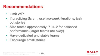 www.rallydev.com
Confidential Do not copy or distribute without express permission of Rally.
©2015 Rally Software Development Corp. All rights reserved.
Recommendations
• Limit WiP
• If practicing Scrum, use two-week iterations; task
out stories
• Size teams appropriately: 7 +/- 2 for balanced
performance (larger teams are okay)
• Have dedicated and stable teams
• Encourage small stories
- 35 -
 